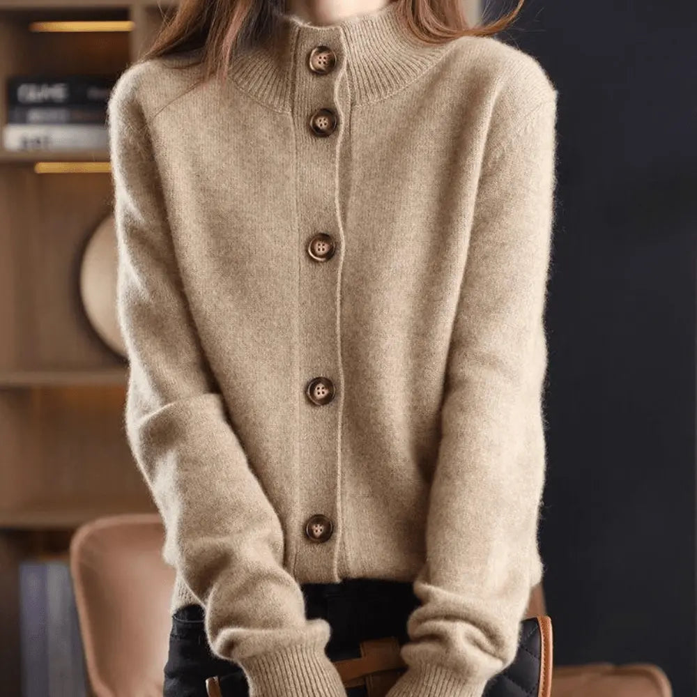 Women's Knit Cardigan Sweater Long Sleeve Stand Collar Button Front Relaxed Style