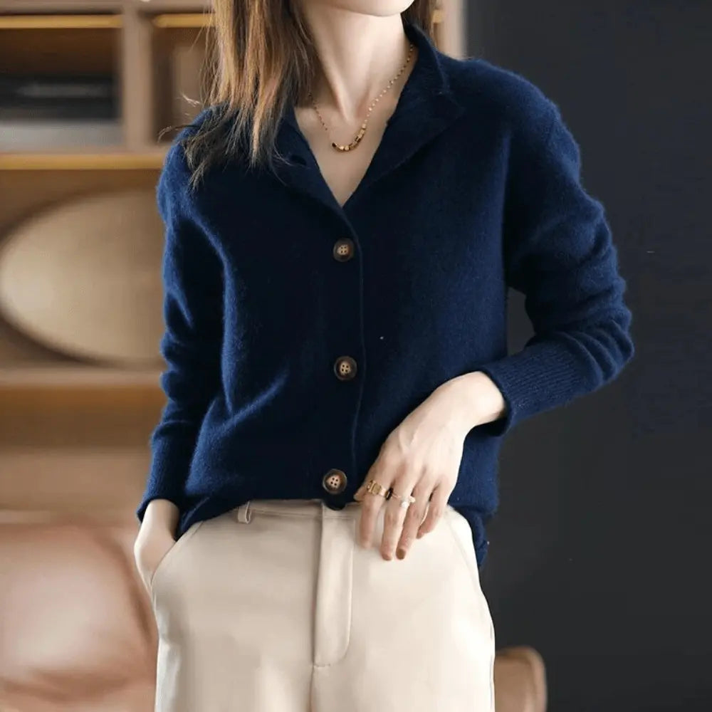 Women's Knit Cardigan Sweater Long Sleeve Stand Collar Button Front Relaxed Style