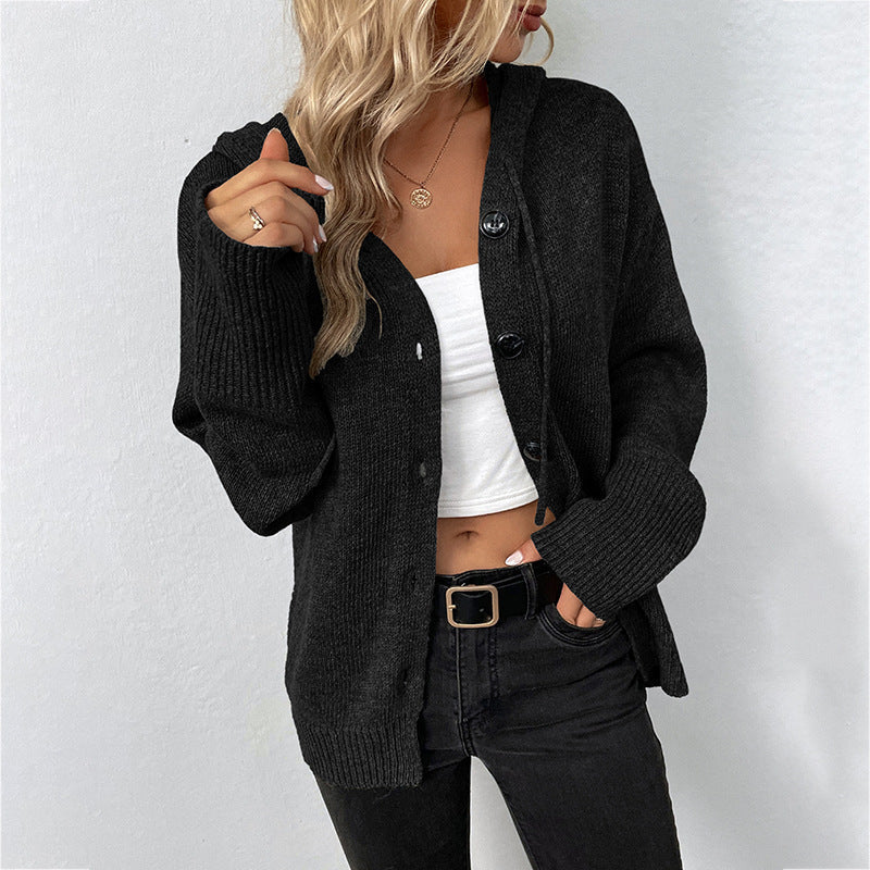 Women's Oversized Ribbed Knit Cardigan Hooded Button Front Long Sleeve Relaxed Style
