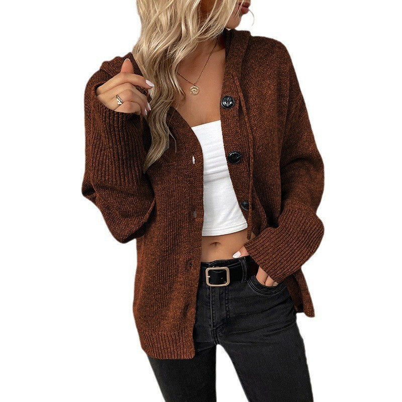 Women's Oversized Ribbed Knit Cardigan Hooded Button Front Long Sleeve Relaxed Style