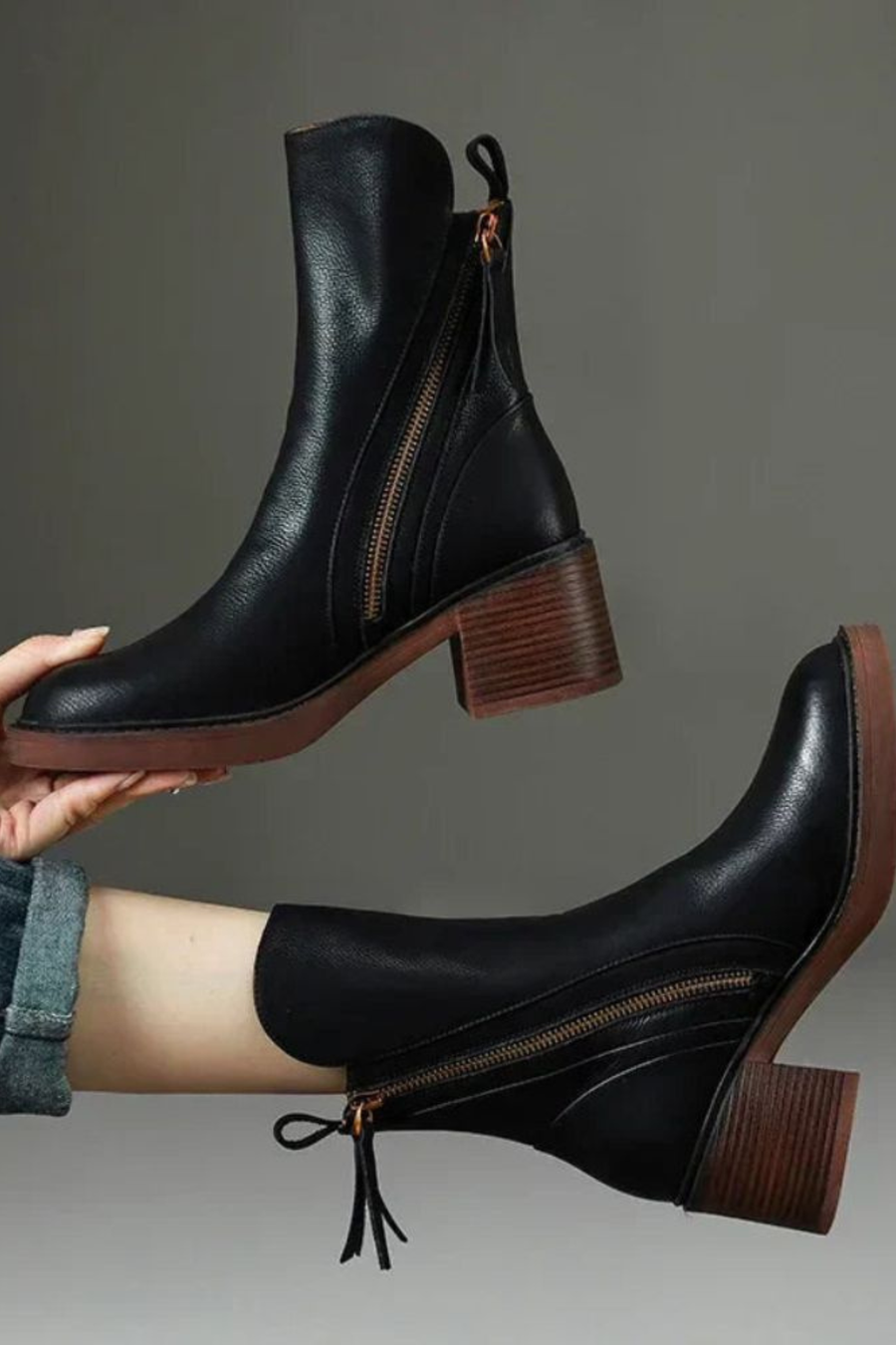 Women's Ankle Boots Block Heel Gold Zip Detail Stylish Everyday Footwear