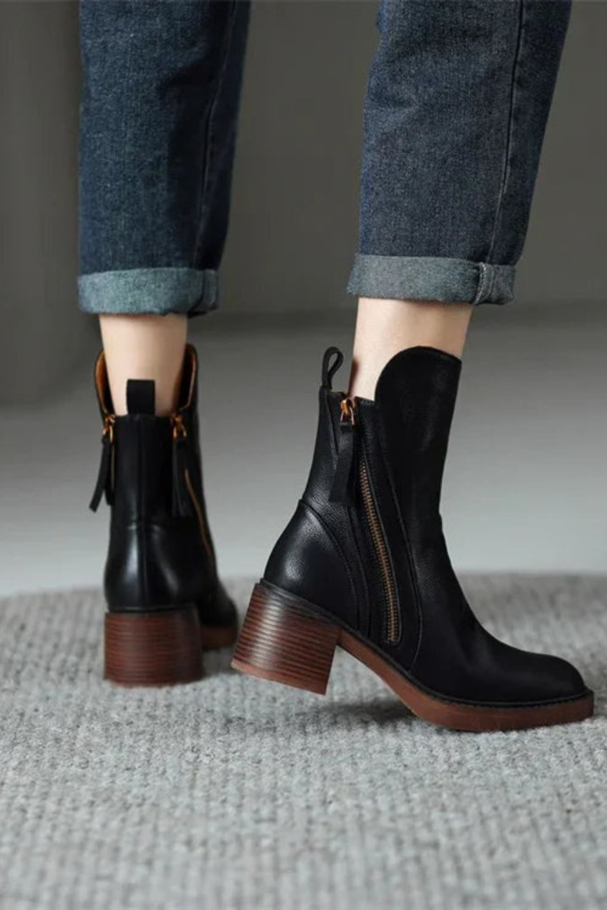 Women's Ankle Boots Block Heel Gold Zip Detail Stylish Everyday Footwear