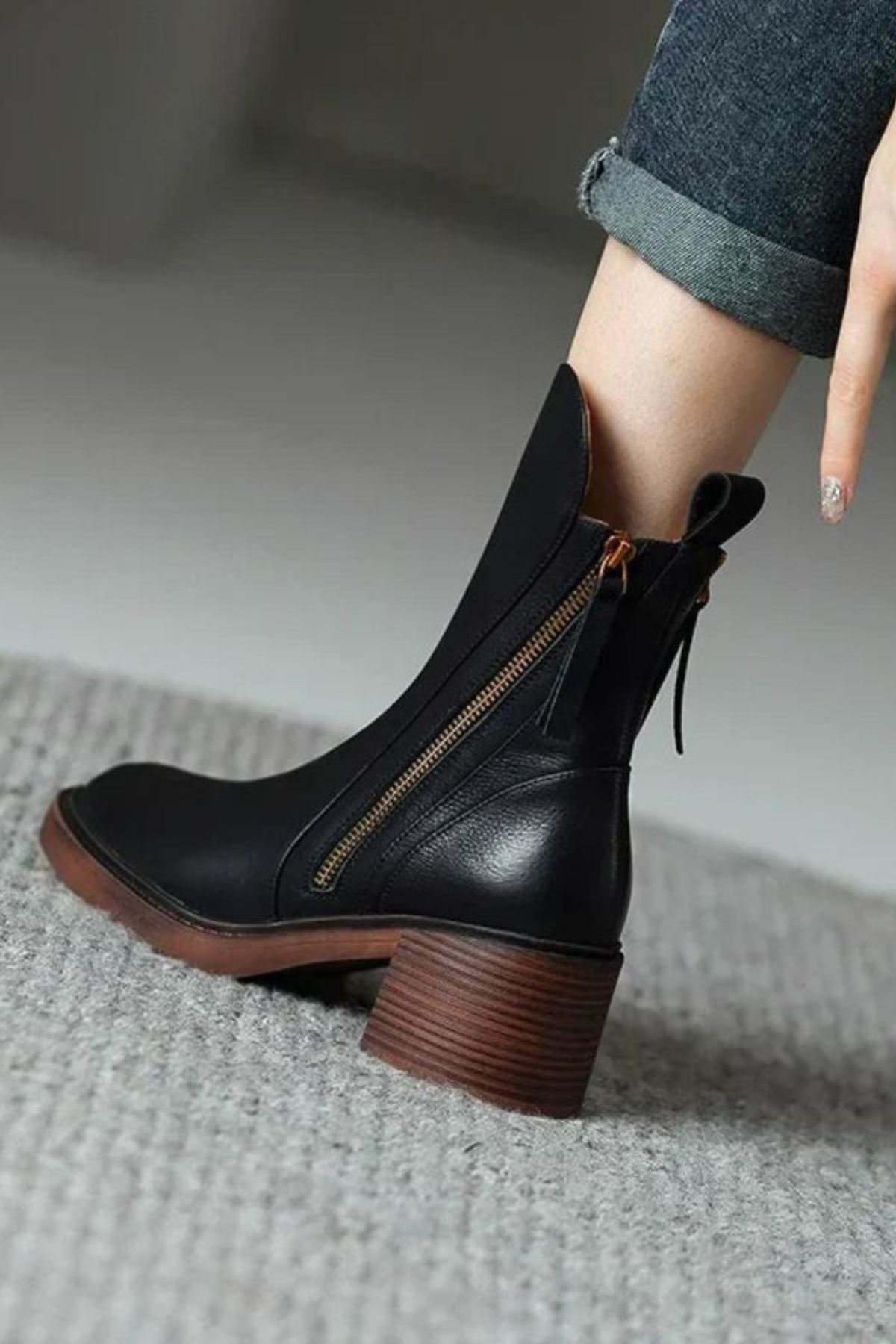 Women's Ankle Boots Block Heel Gold Zip Detail Stylish Everyday Footwear