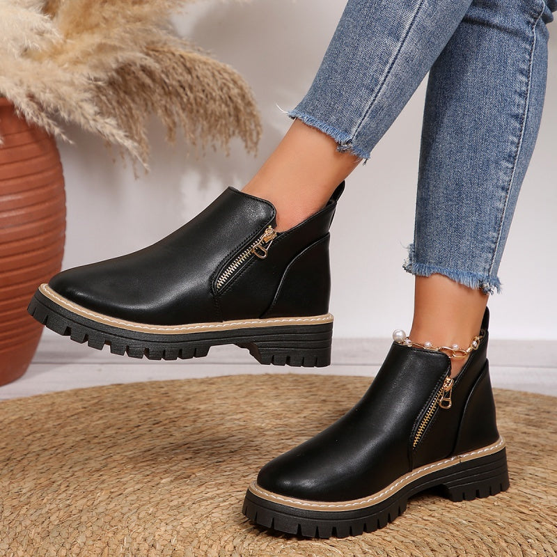 Women's Chunky Sole Ankle Boots Gold Zip Detail Stylish Everyday Footwear