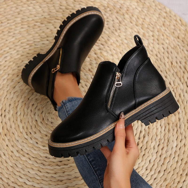 Women's Chunky Sole Ankle Boots Gold Zip Detail Stylish Everyday Footwear