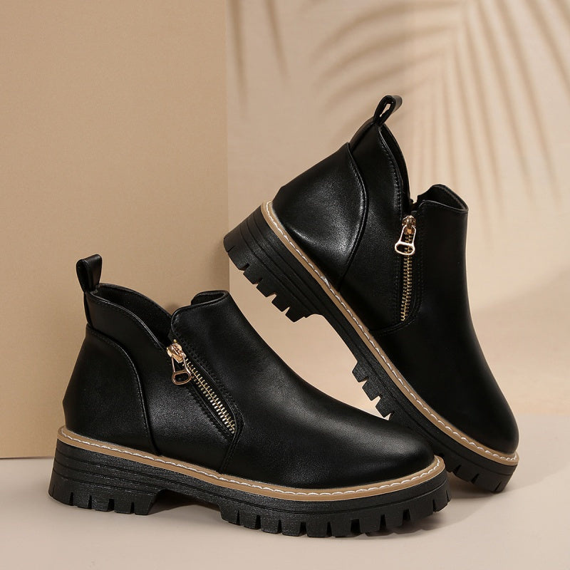 Women's Chunky Sole Ankle Boots Gold Zip Detail Stylish Everyday Footwear