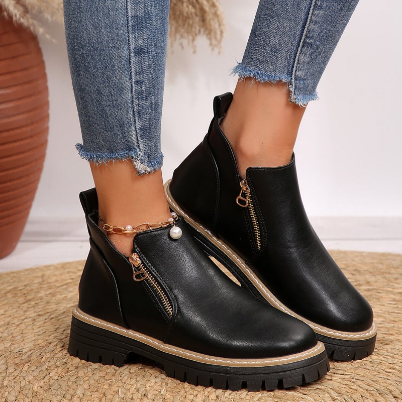 Women's Chunky Sole Ankle Boots Gold Zip Detail Stylish Everyday Footwear