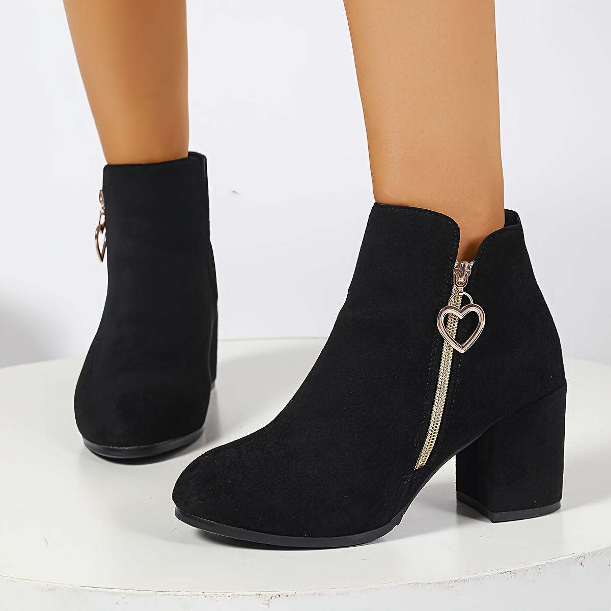 Women's Block Heel Ankle Boots Gold Heart Zip Closure Stylish Everyday