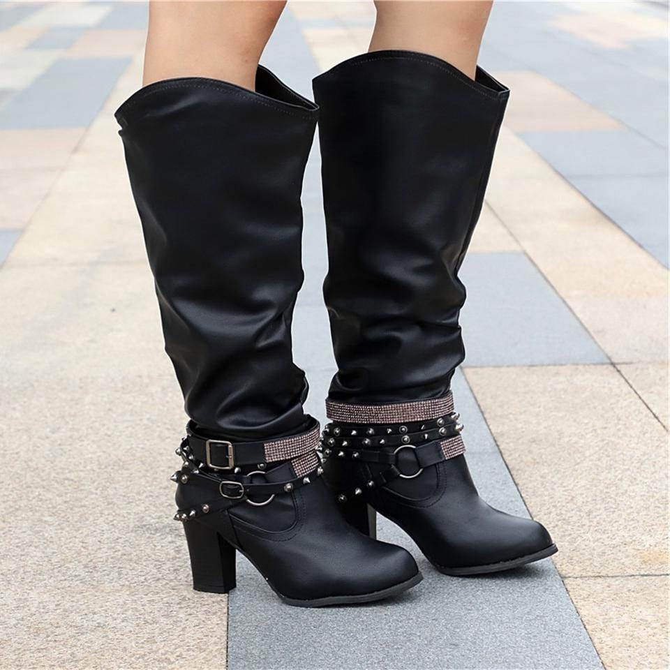 Women's Knee High Boots Block Heel Studded Straps Chic Stylish Casual