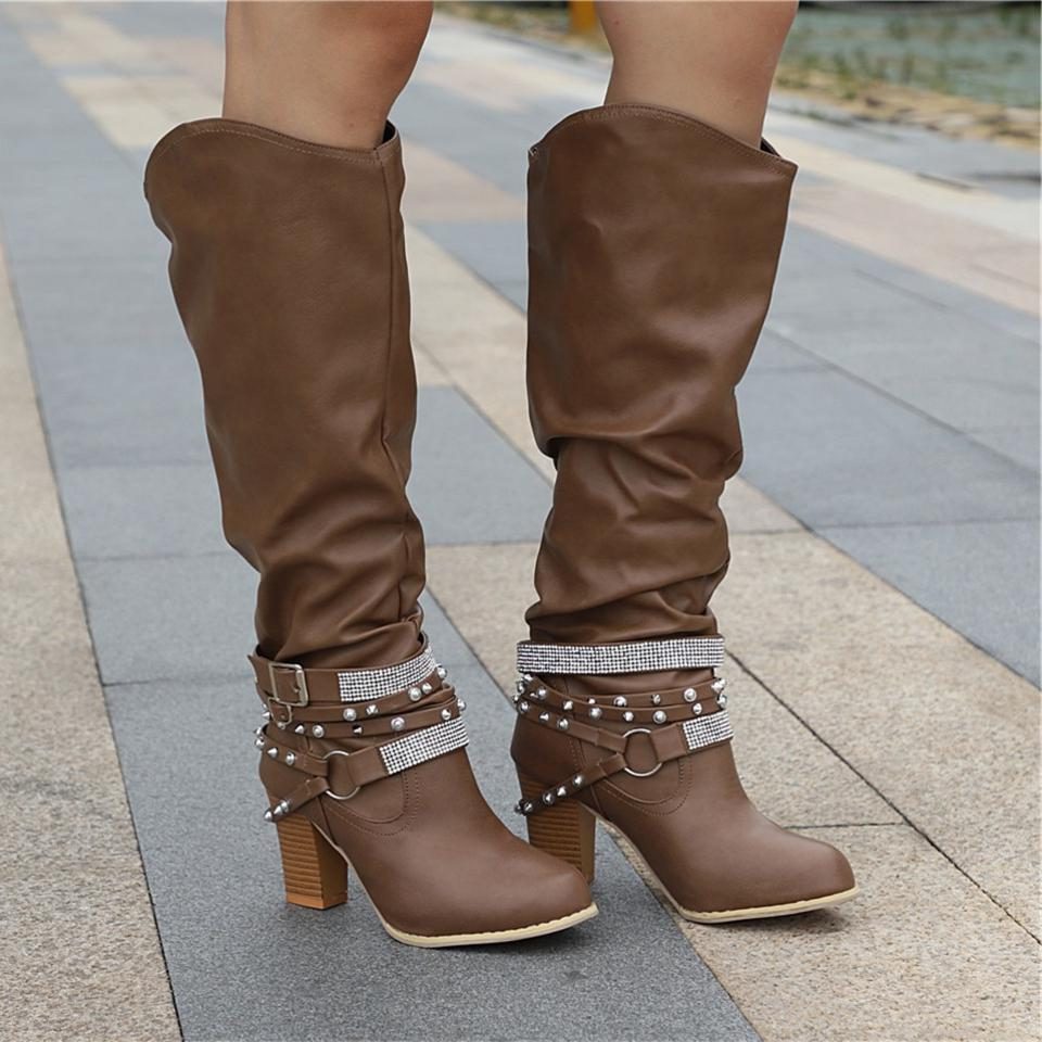 Women's Knee High Boots Block Heel Studded Straps Chic Stylish Casual
