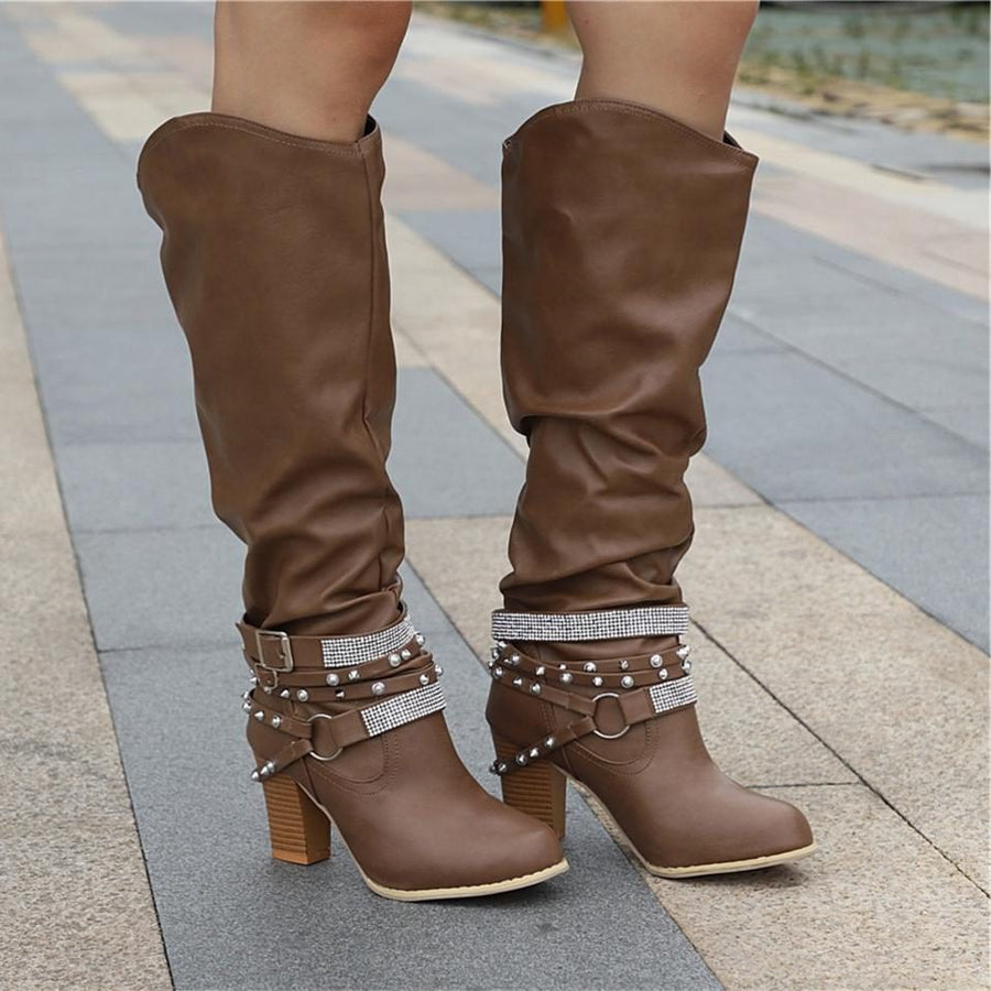 Women's Knee High Boots Block Heel Studded Straps Chic Stylish Casual