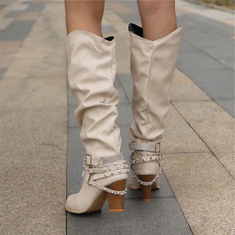 Women's Knee High Boots Block Heel Studded Straps Chic Stylish Casual