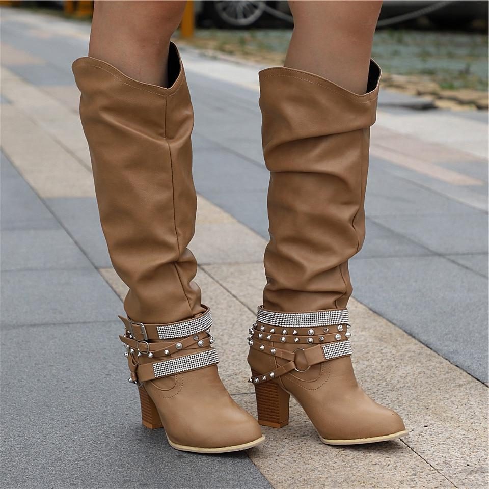 Women's Knee High Boots Block Heel Studded Straps Chic Stylish Casual