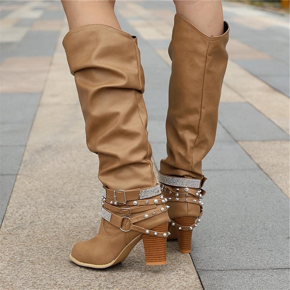 Women's Knee High Boots Block Heel Studded Straps Chic Stylish Casual