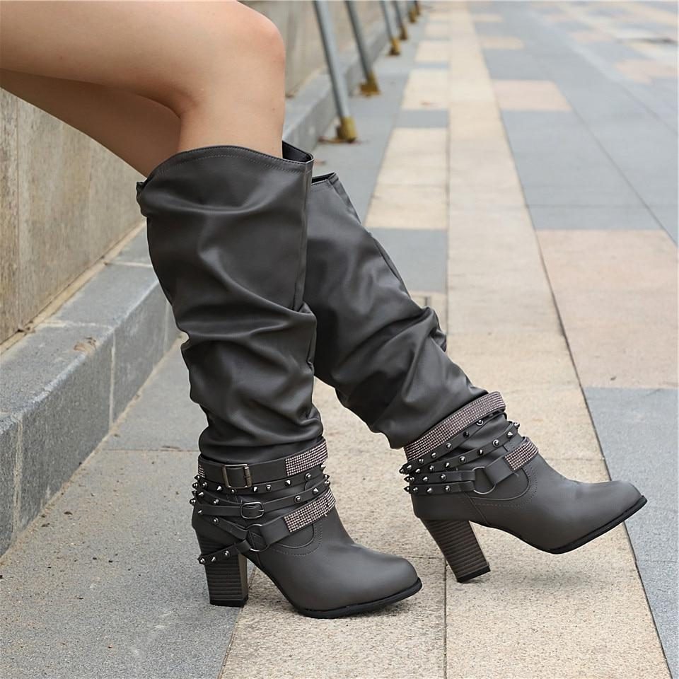 Women's Knee High Boots Block Heel Studded Straps Chic Stylish Casual