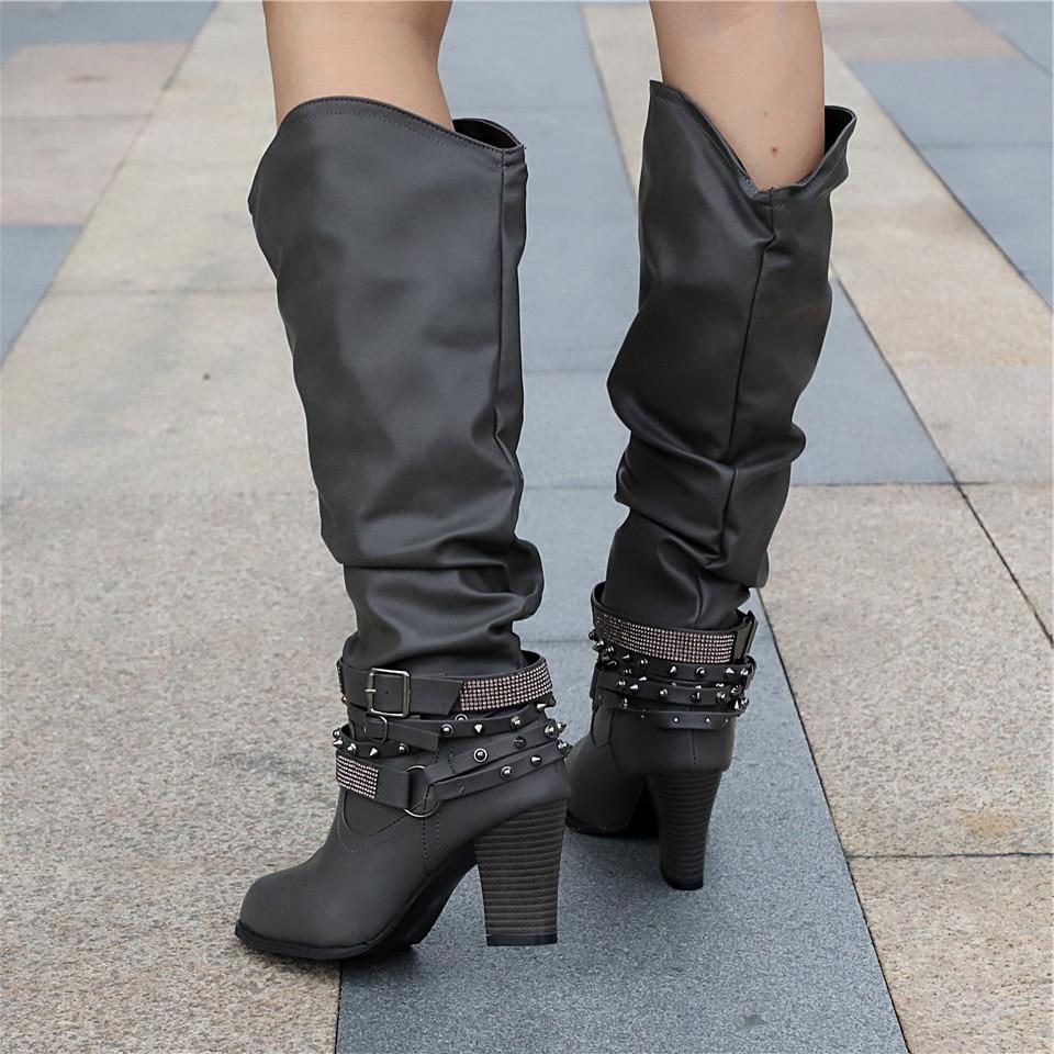 Women's Knee High Boots Block Heel Studded Straps Chic Stylish Casual