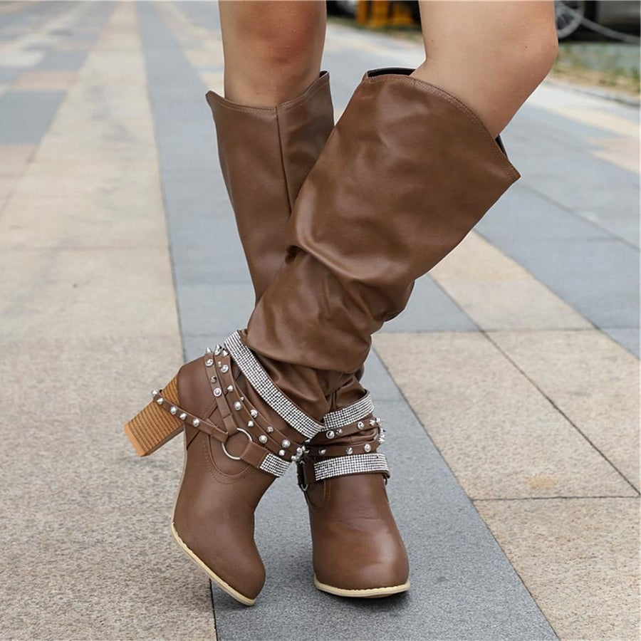 Women's Knee High Boots Block Heel Studded Straps Chic Stylish Casual