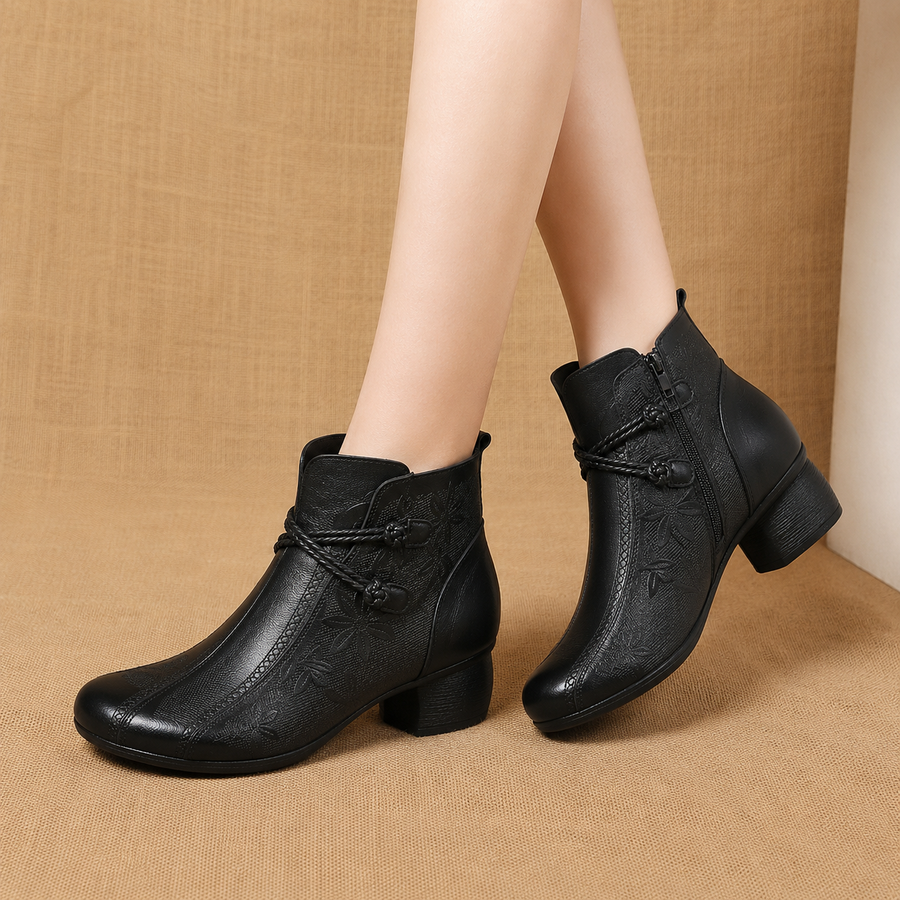 Women's Ankle Boots Block Heel Leaf Detail Stylish Everyday Footwear