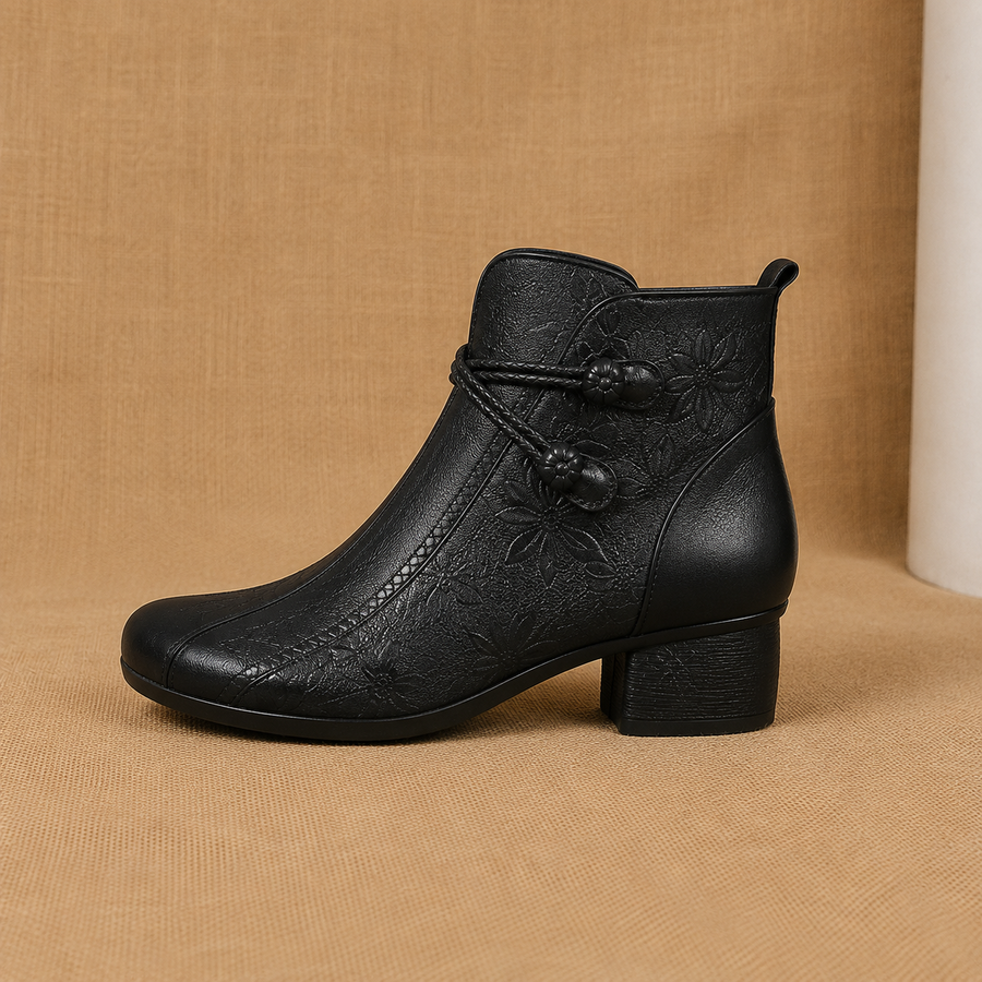 Women's Ankle Boots Block Heel Leaf Detail Stylish Everyday Footwear