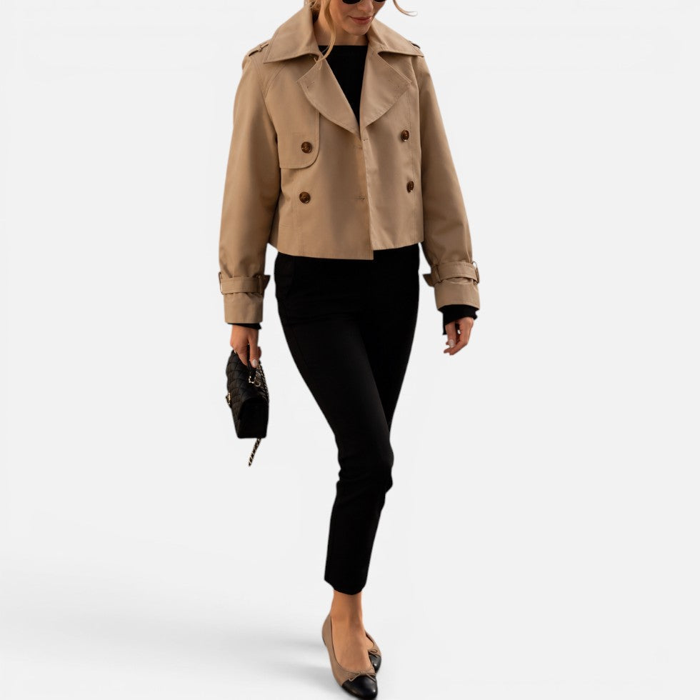 Women's Cropped Trench Jacket Notch Lapel Long Sleeve Double Breasted Belted Style