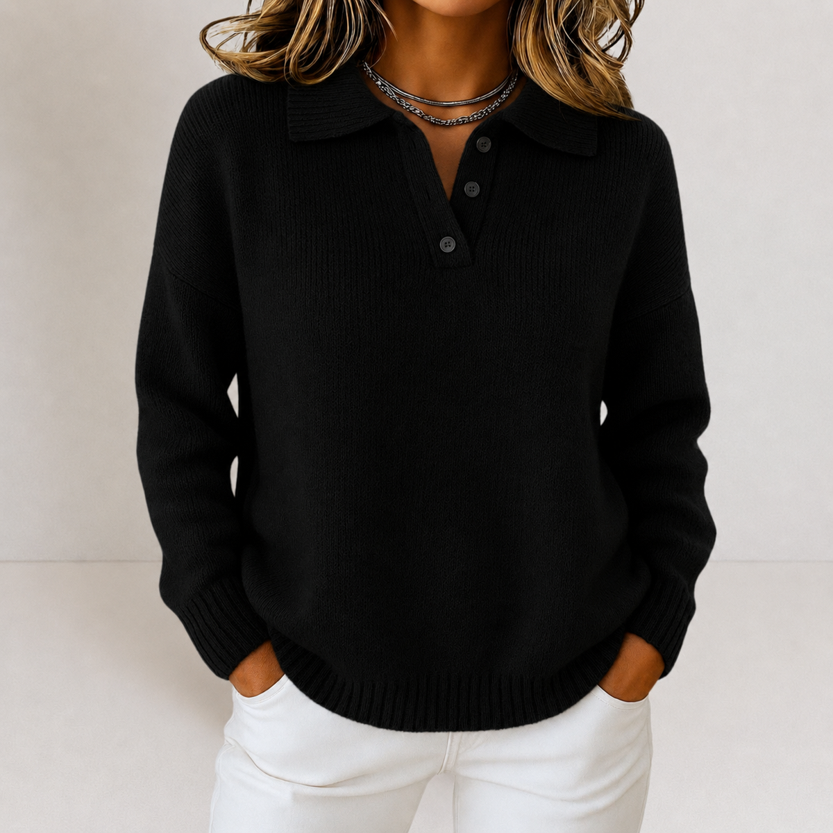 Women's Knit Sweater Polo Collar Button Placket Casual Layering Everyday