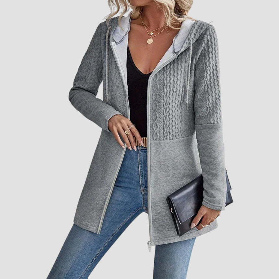 Women's Hooded Cable Knit Cardigan Long Sleeve Zip Front Relaxed Style