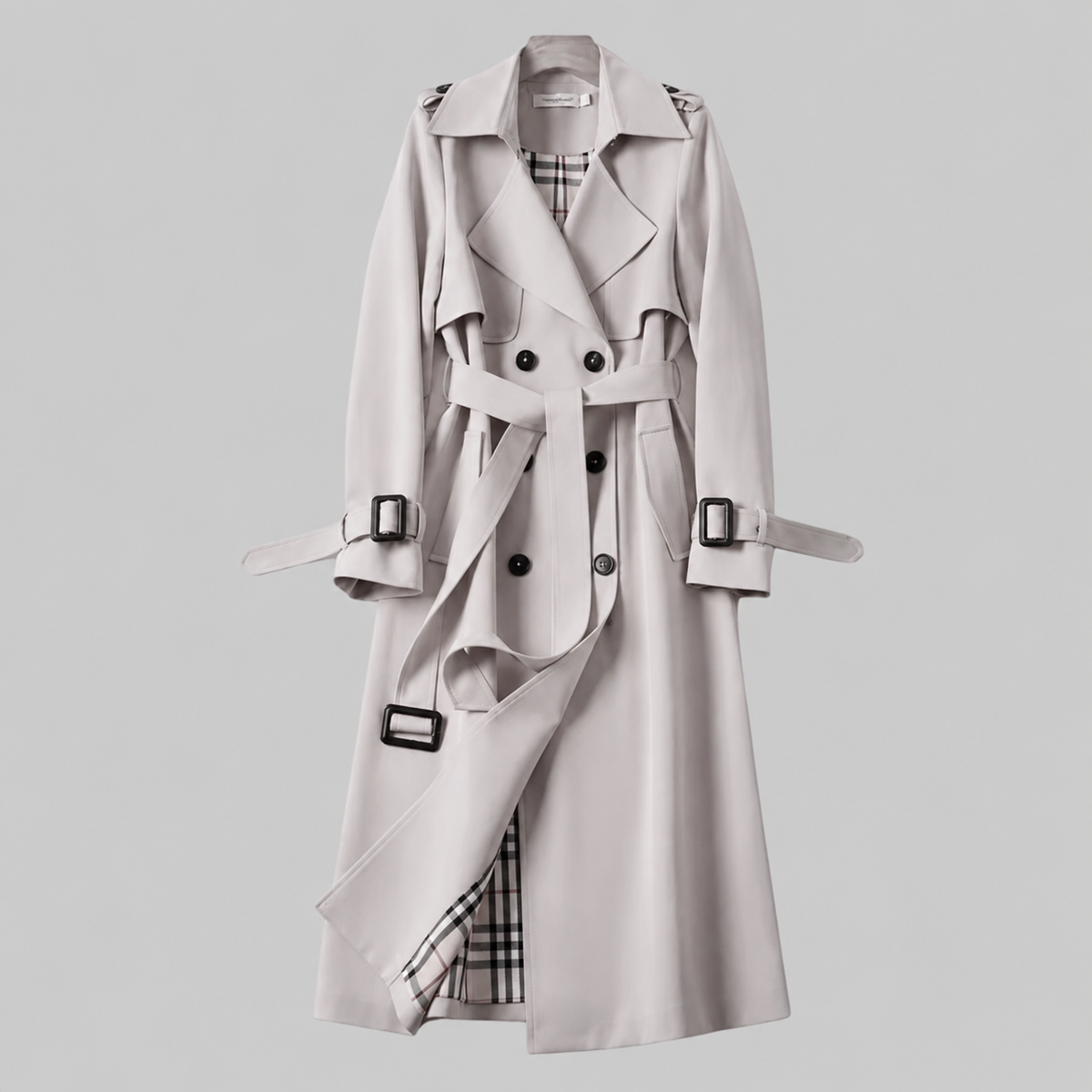 Women's Double Breasted Trench Coat Longline Style Lapel Collar Belted Waist Classic