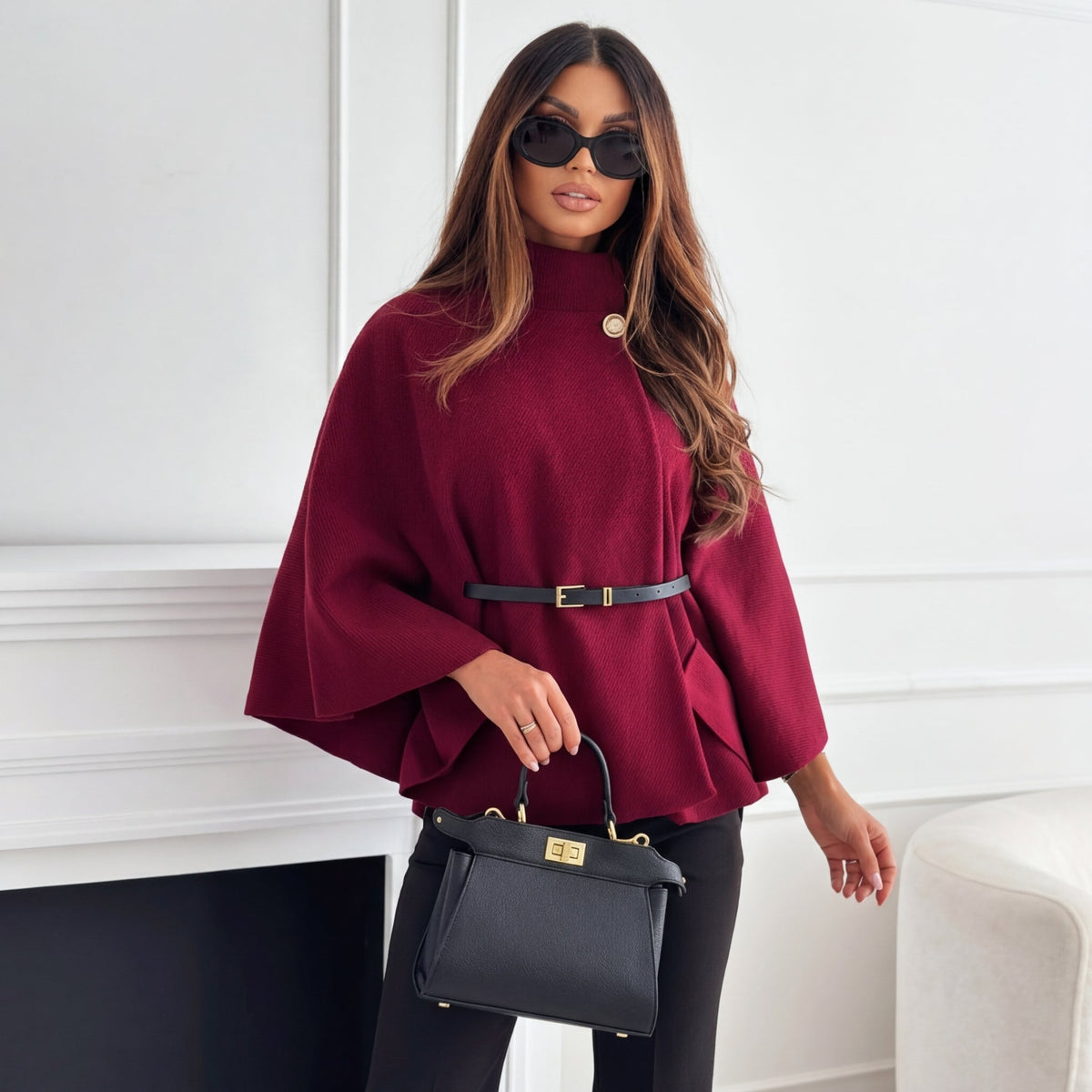Women's Knit Sweater Cape Sleeve High Neck Gold Button Stylish Layering