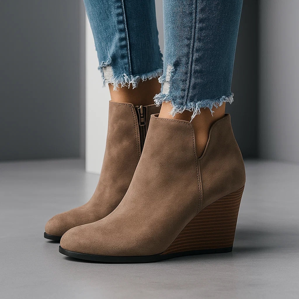 Women's Suede Wedge Ankle Boots Side Cut-Out Design Stylish Everyday Footwear
