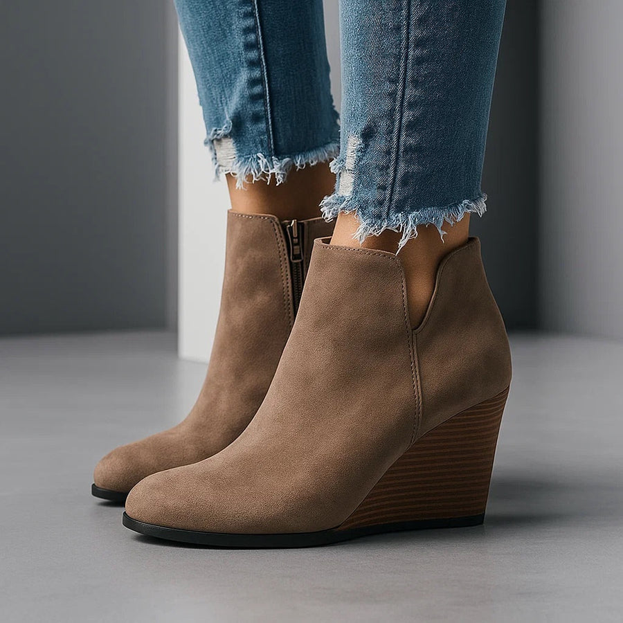 Women's Suede Wedge Ankle Boots Side Cut-Out Design Stylish Everyday Footwear
