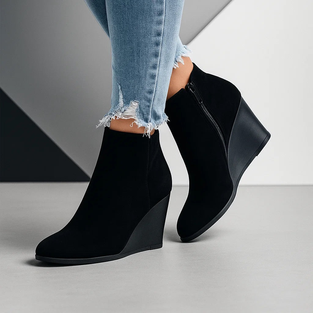 Women's Suede Wedge Ankle Boots Side Cut-Out Design Stylish Everyday Footwear