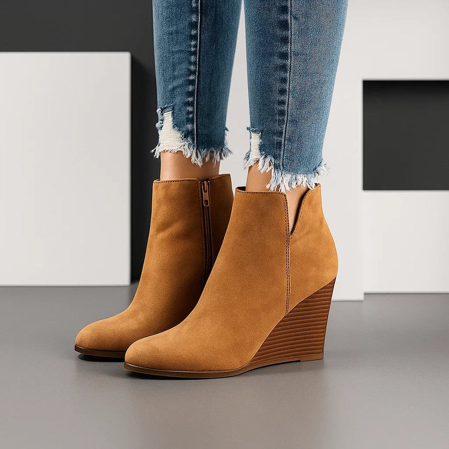 Women's Suede Wedge Ankle Boots Side Cut-Out Design Stylish Everyday Footwear