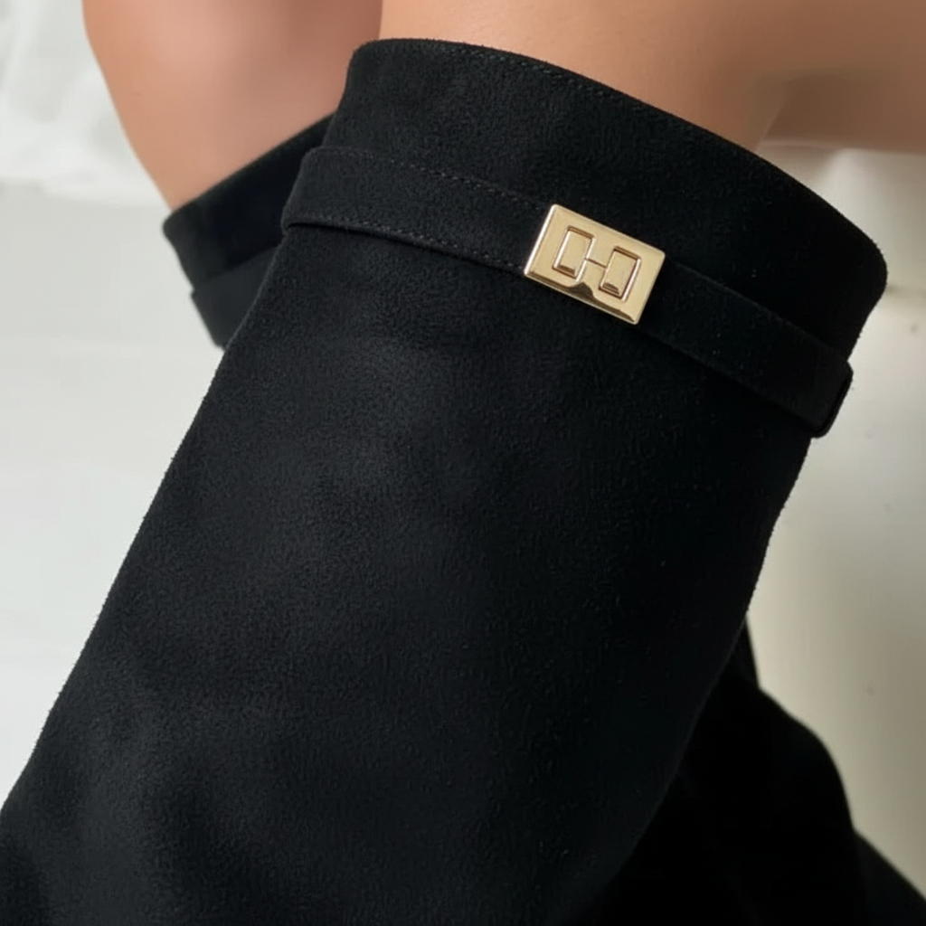 Women's Knee High Boots Block Heel Gold Hardware Stylish Chic Footwear