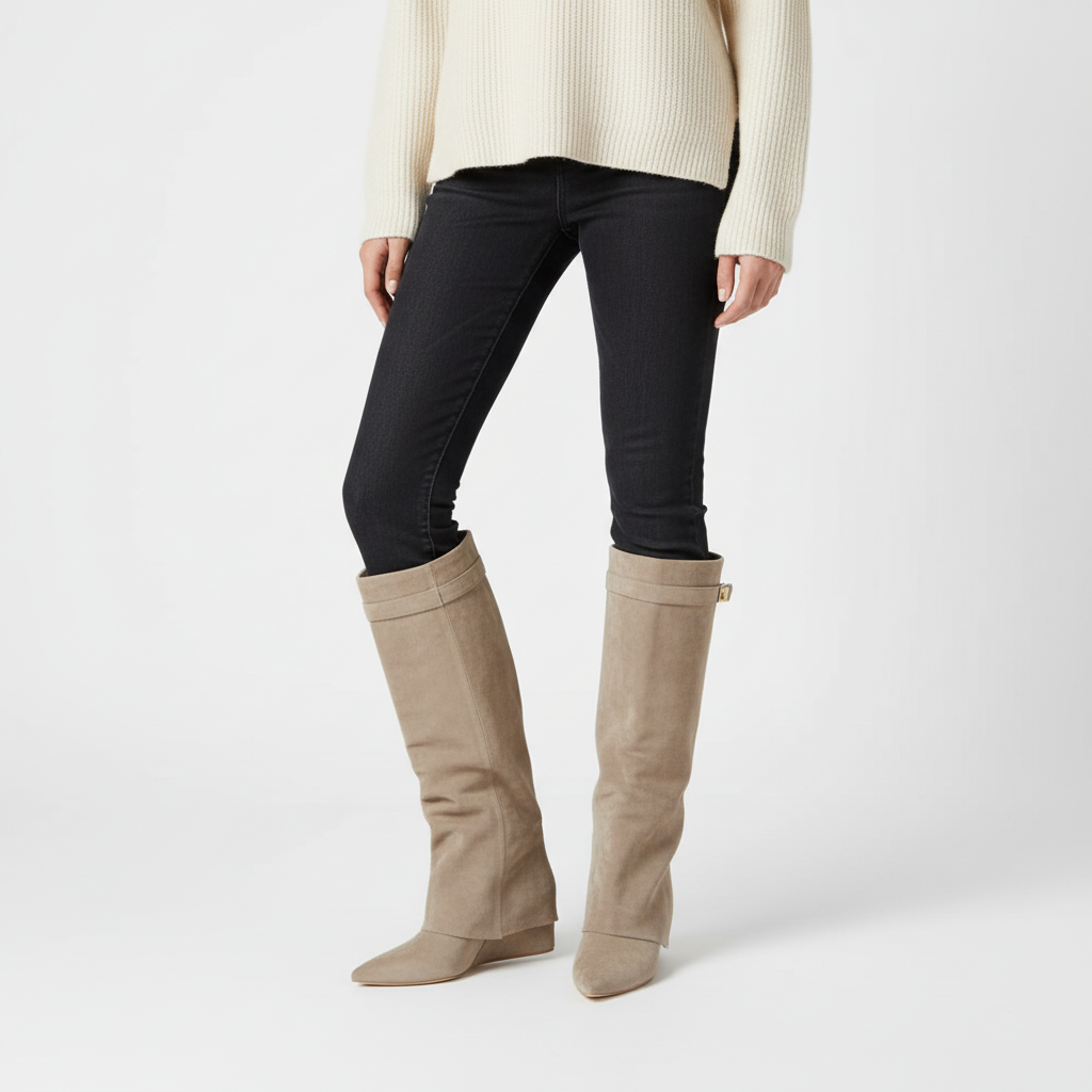 Women's Knee High Boots Block Heel Gold Hardware Stylish Chic Footwear