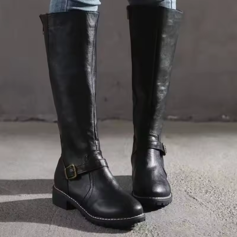 Women's Classic Knee High Boots Buckle Strap Block Heel Stylish Everyday