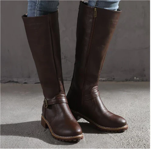 Women's Classic Knee High Boots Buckle Strap Block Heel Stylish Everyday
