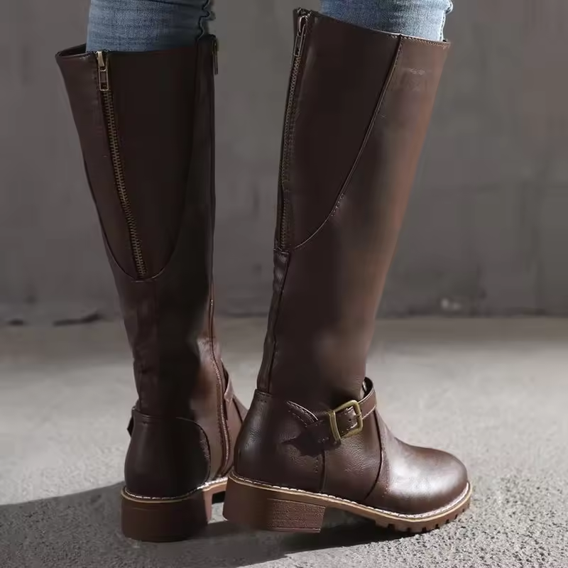 Women's Classic Knee High Boots Buckle Strap Block Heel Stylish Everyday