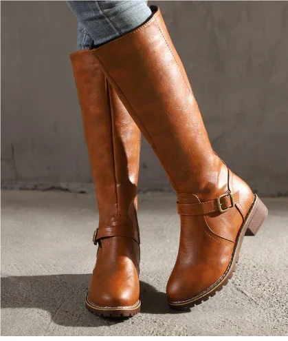 Women's Classic Knee High Boots Buckle Strap Block Heel Stylish Everyday