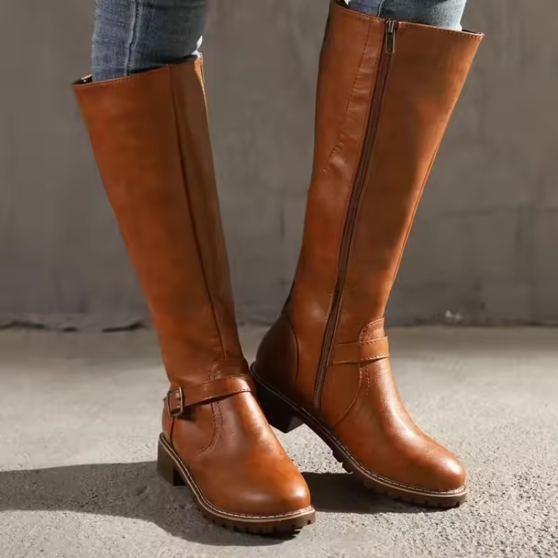 Women's Classic Knee High Boots Buckle Strap Block Heel Stylish Everyday