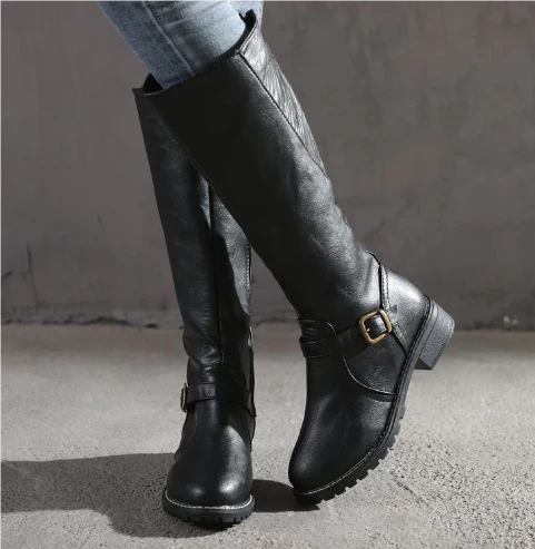 Women's Classic Knee High Boots Buckle Strap Block Heel Stylish Everyday