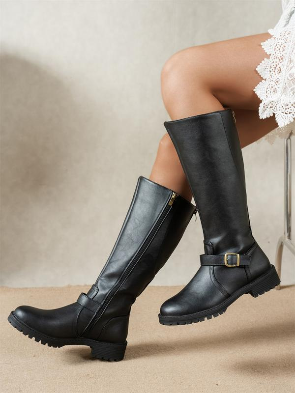 Women's Knee High Boots Buckle Strap Lug Sole Stylish Everyday Footwear