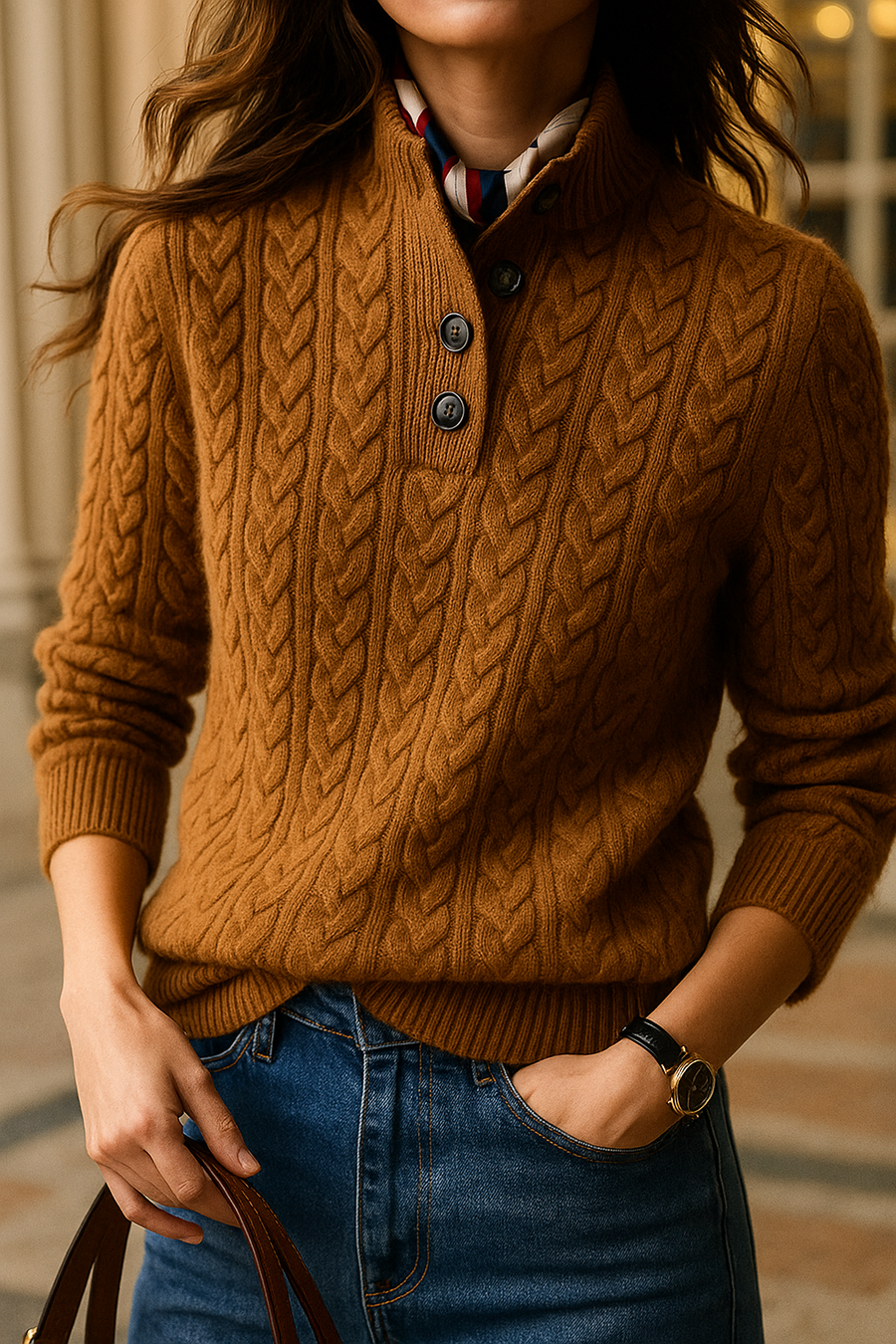 Women's Cable Knit Sweater Button Neck Long Sleeve Cozy Casual Wear