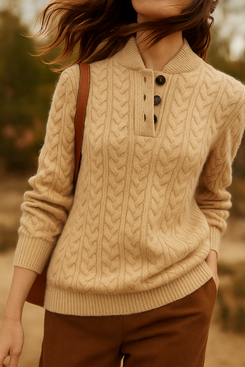 Women's Cable Knit Sweater Button Neck Long Sleeve Cozy Casual Wear