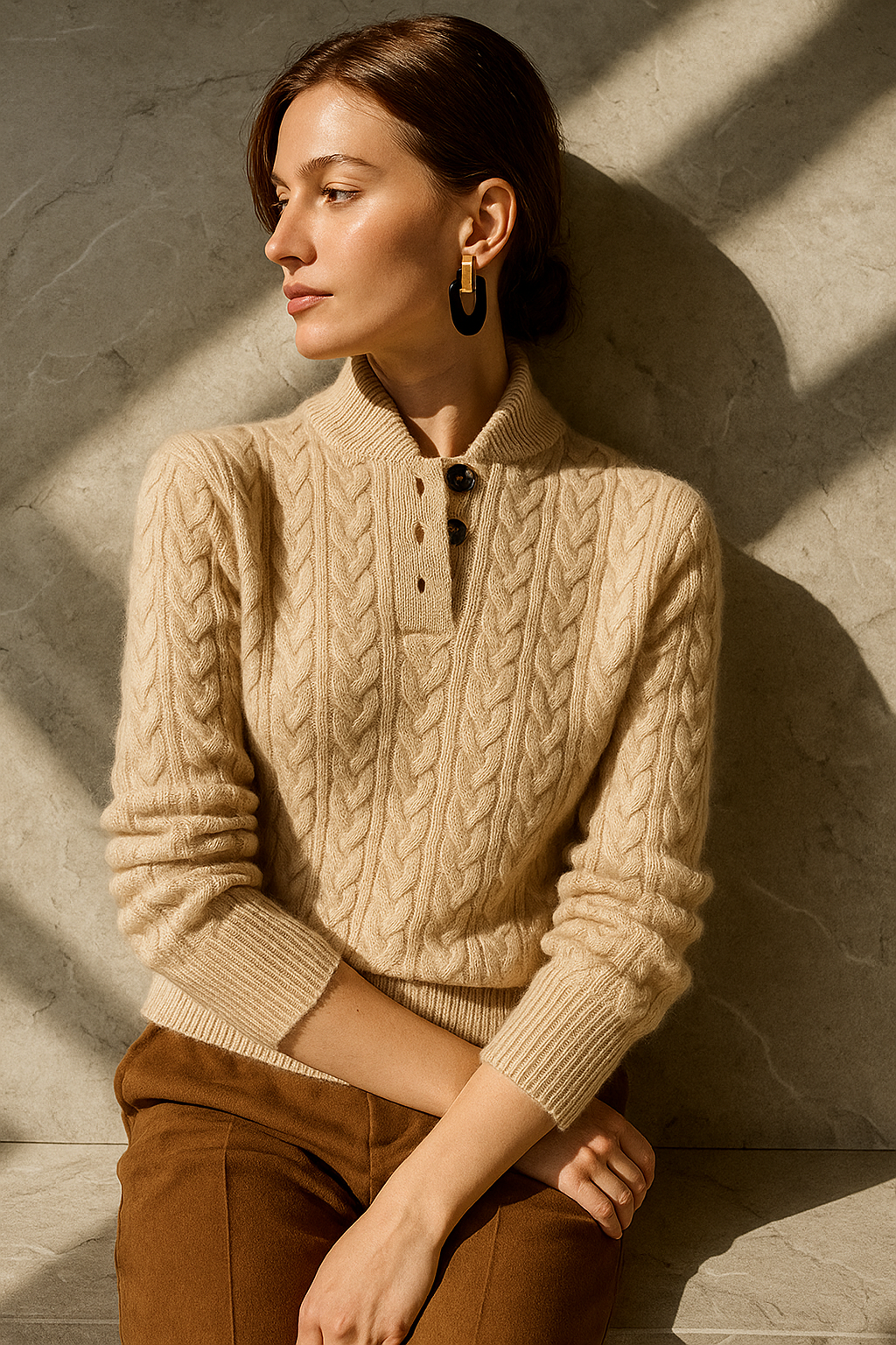 Women's Cable Knit Sweater Button Neck Long Sleeve Cozy Casual Wear