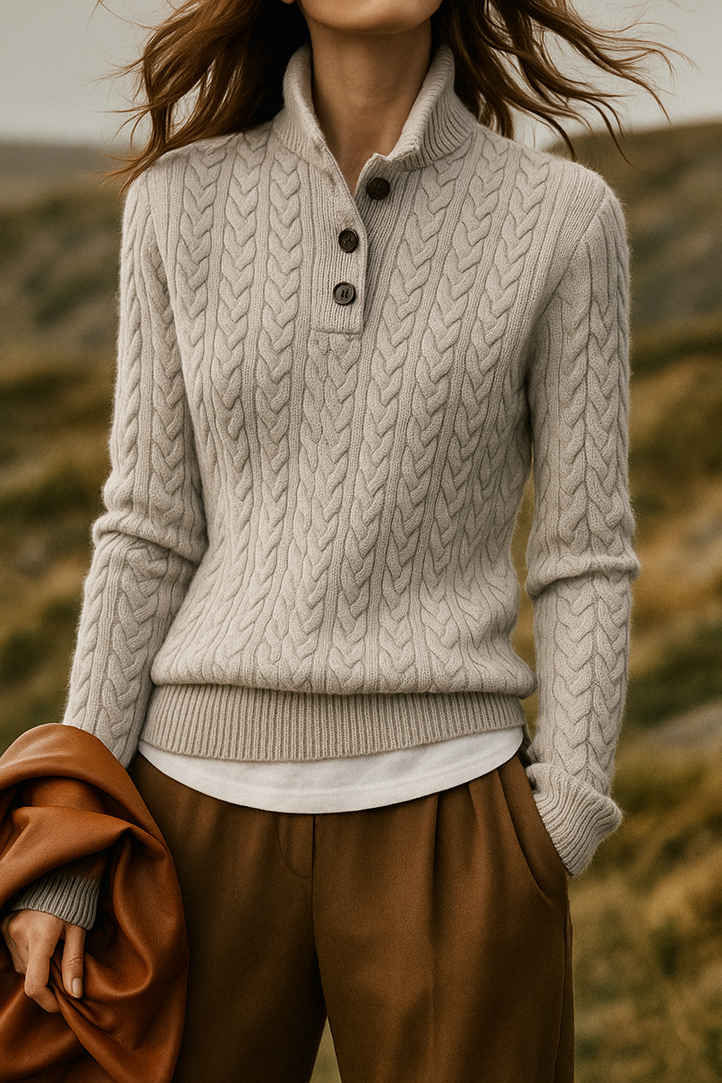 Women's Cable Knit Sweater Button Neck Long Sleeve Cozy Casual Wear