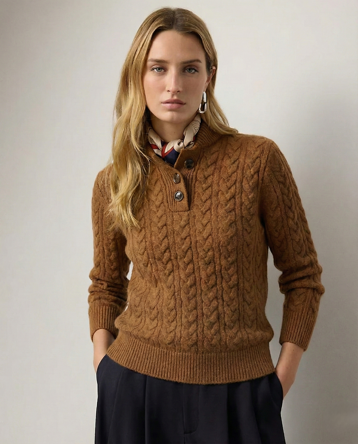 Women's Cable Knit Sweater Button Neck Long Sleeve Cozy Casual Wear
