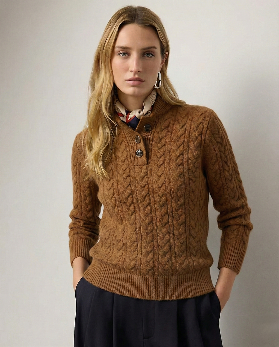 Women's Cable Knit Sweater Button Neck Long Sleeve Cozy Casual Wear
