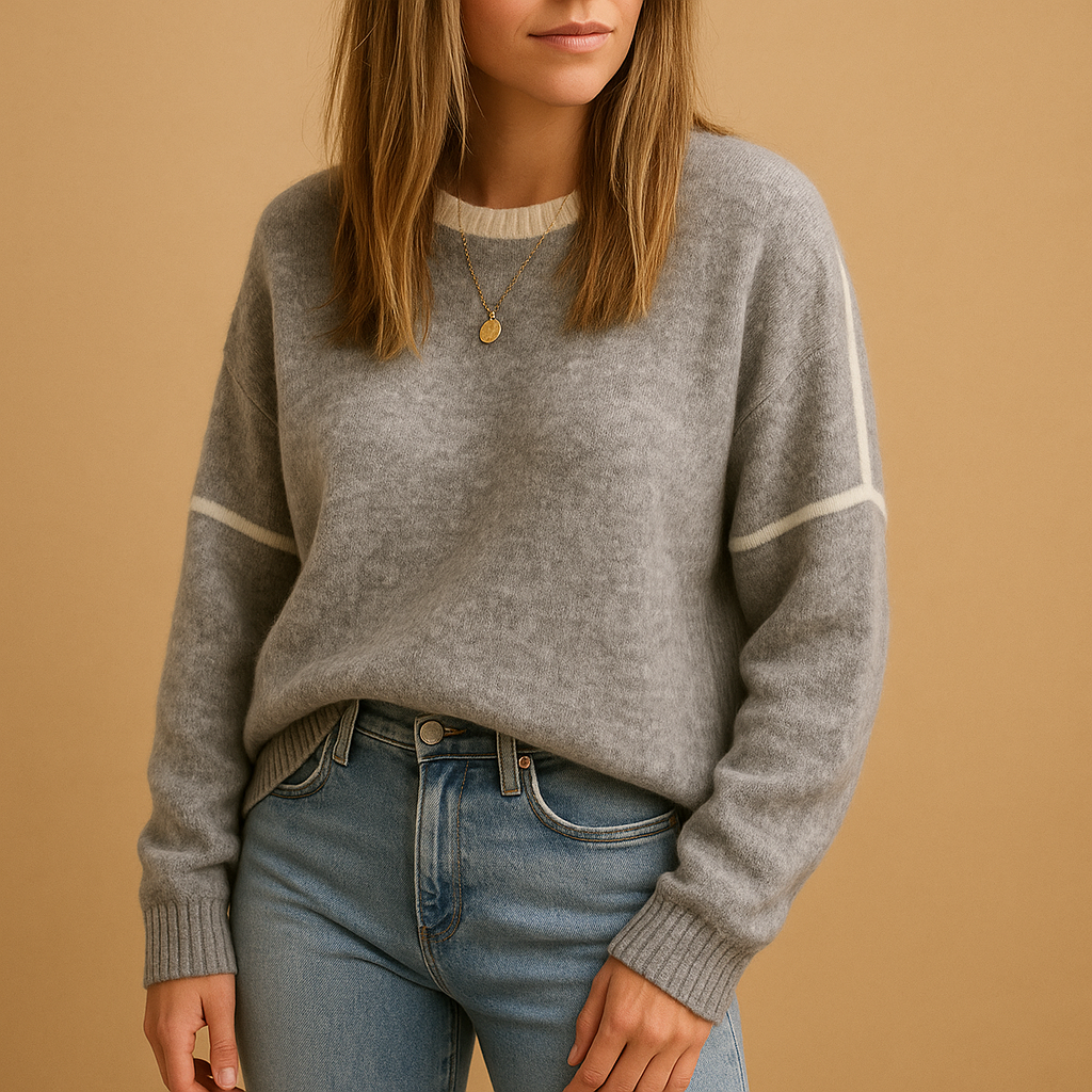 Women's Relaxed Fit Crew Neck Sweater Contrast Stripe Detail Casual Everyday