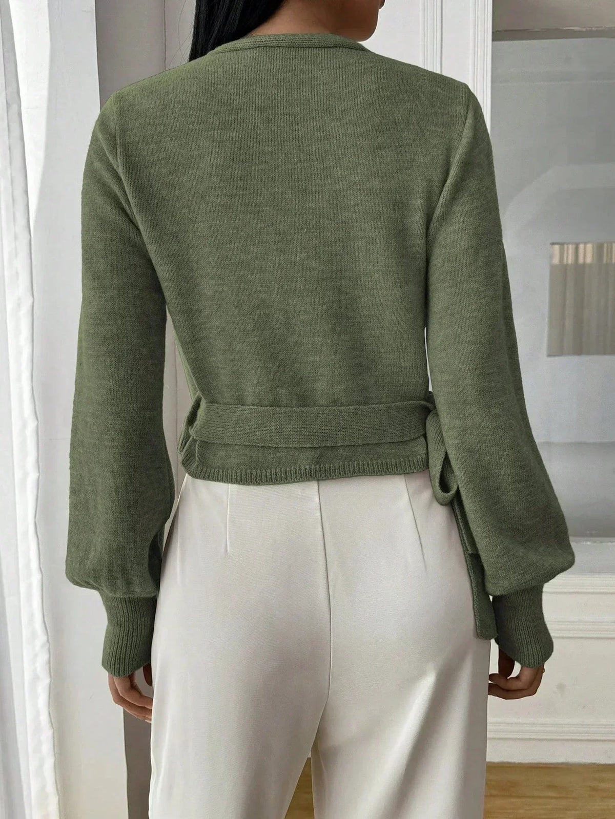 Women's Cropped Knit Sweater V-Neck Tie Waist Relaxed Fit Casual