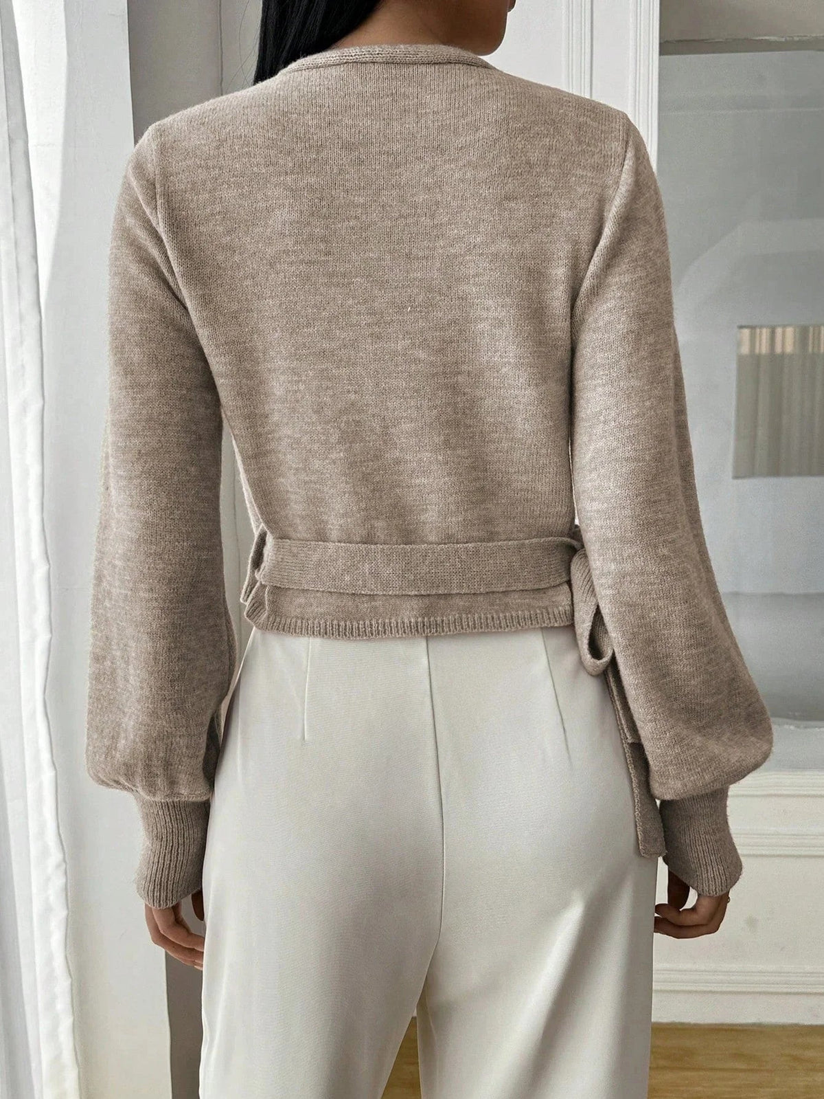 Women's Cropped Knit Sweater V-Neck Tie Waist Relaxed Fit Casual